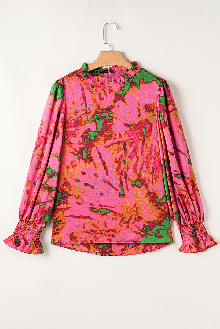 Rose Abstract Print Frilly Neckline Puff Sleeve Blouse