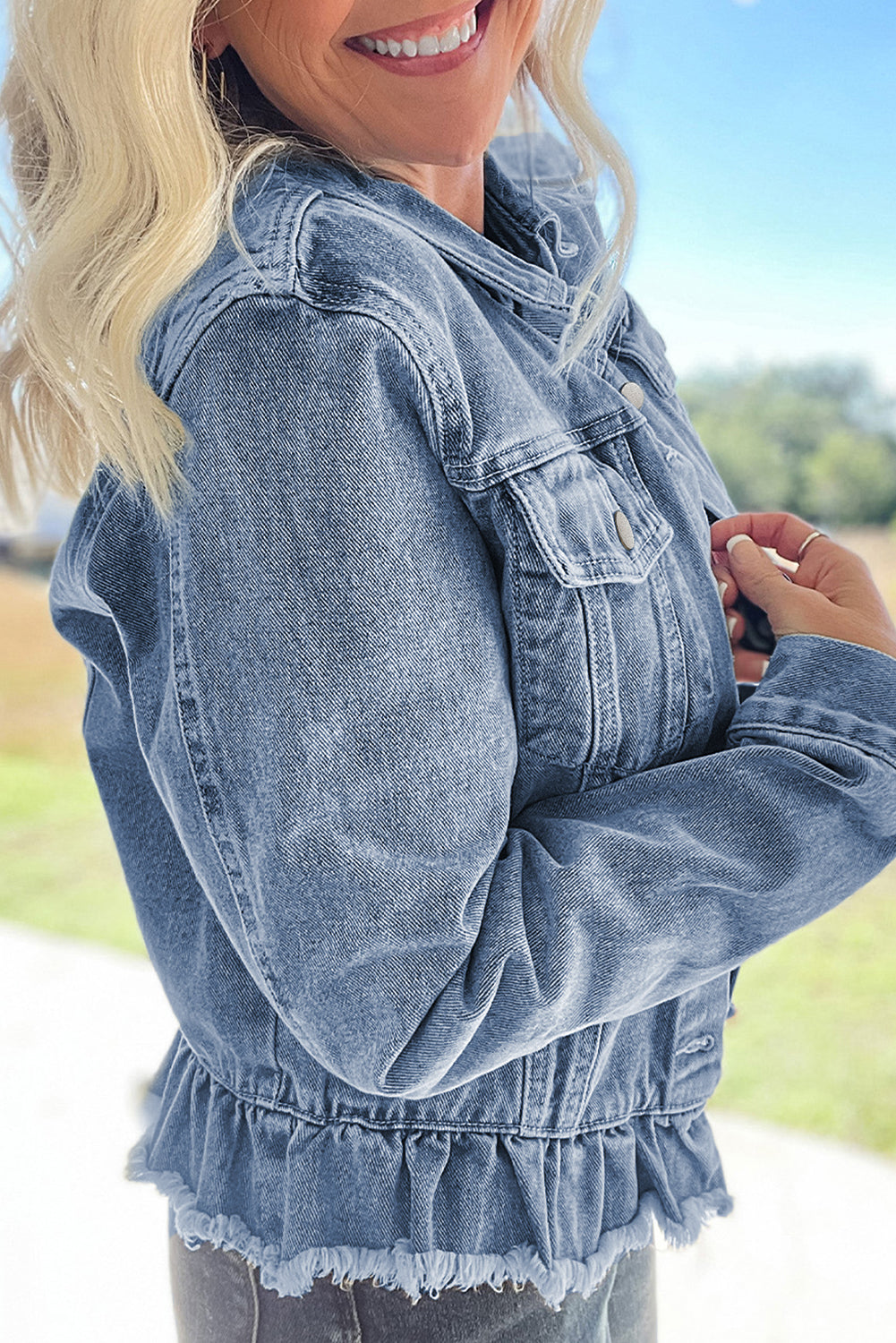 Navy Blue Ruffle Raw Hem Flap Pockets Denim Jacket