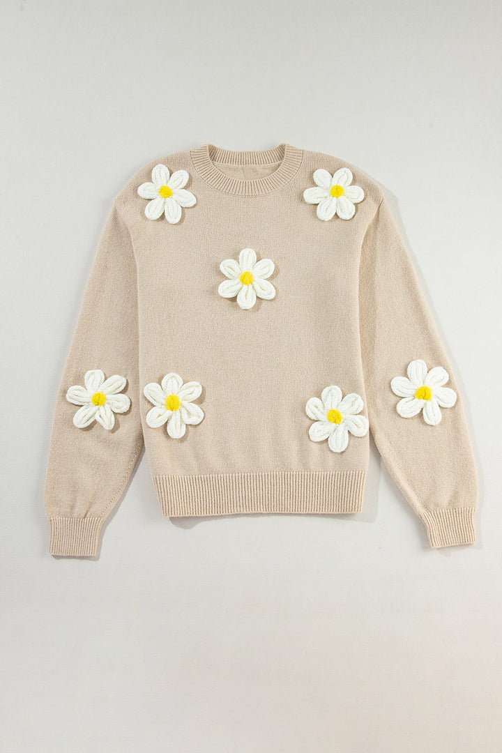 Crochet Flower Round Neck Long Sleeve Sweater