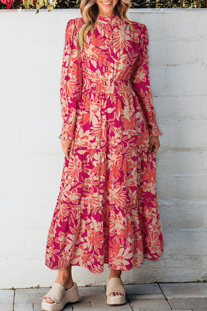 Rose Floral Print Buttoned Smocked High Waist Maxi Dress