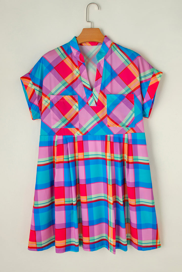 Light Blue Multicolor Plaid Short Sleeve Babydoll Mini Dress