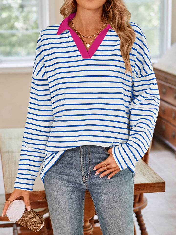 Striped Johnny Collar Long Sleeve T-Shirt