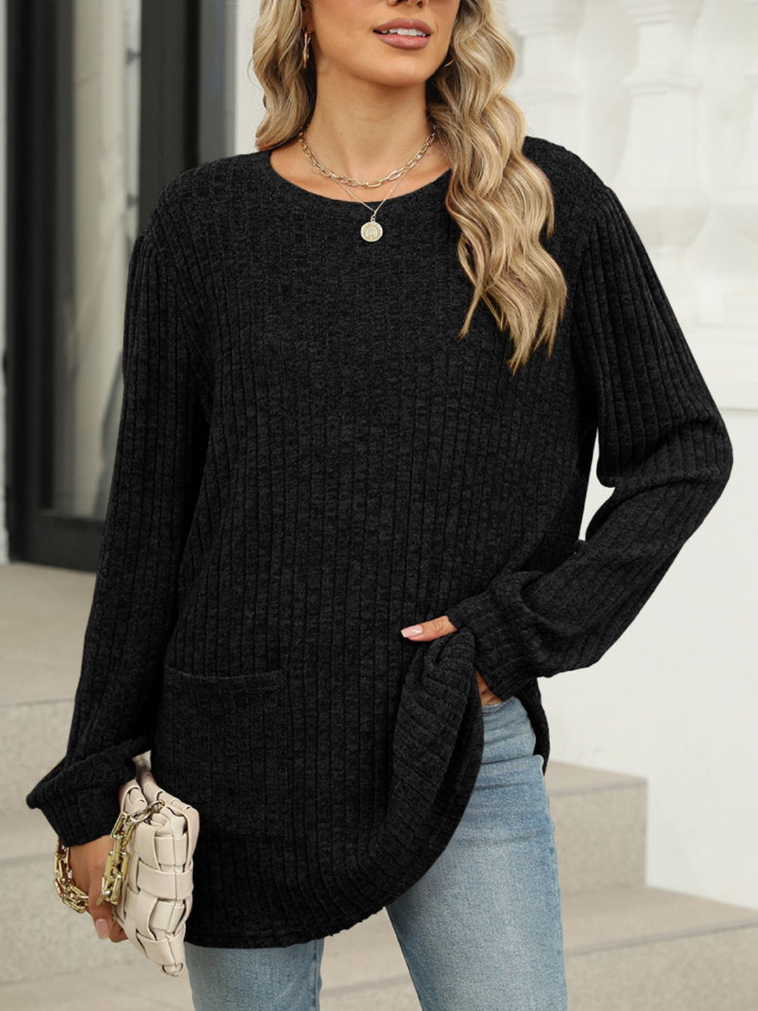 Pocketed Round Neck Long Sleeve T-Shirt