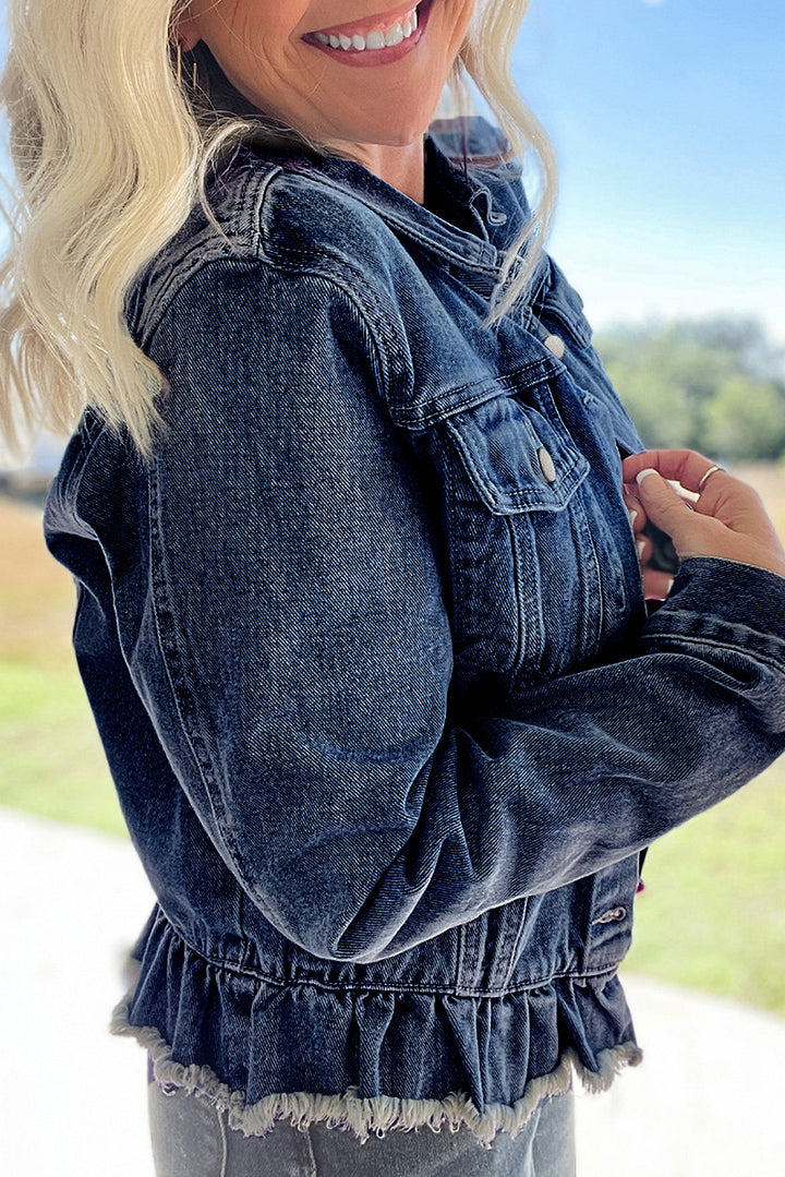 Navy Blue Ruffle Raw Hem Flap Pockets Denim Jacket