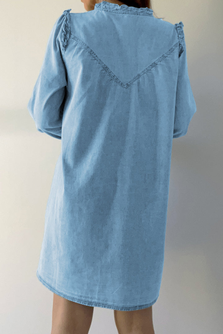 Myosotis Ruffled V Neck Buttoned Shift Denim Dress