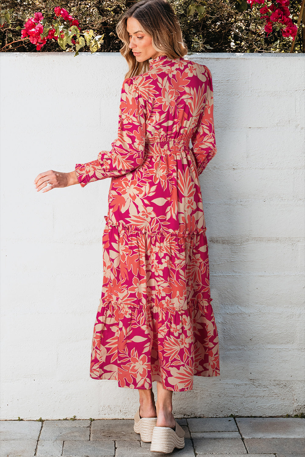 Rose Floral Print Buttoned Smocked High Waist Maxi Dress