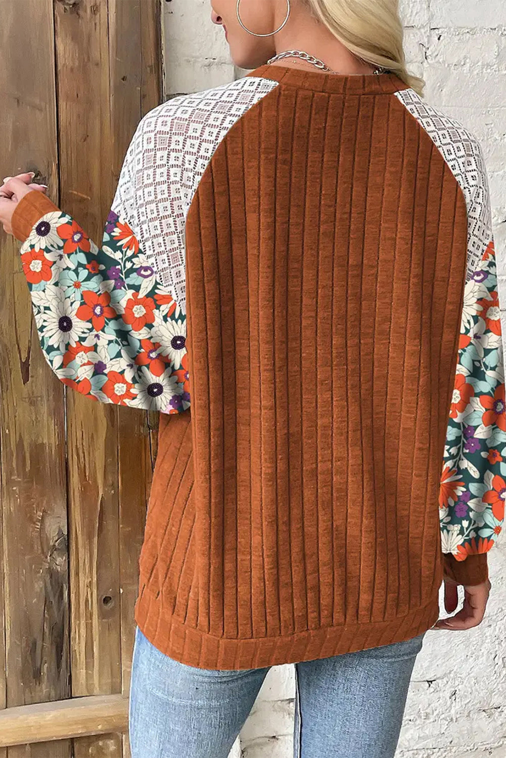 Laurel Green Floral Patchwork Long Sleeve Ribbed Blouse