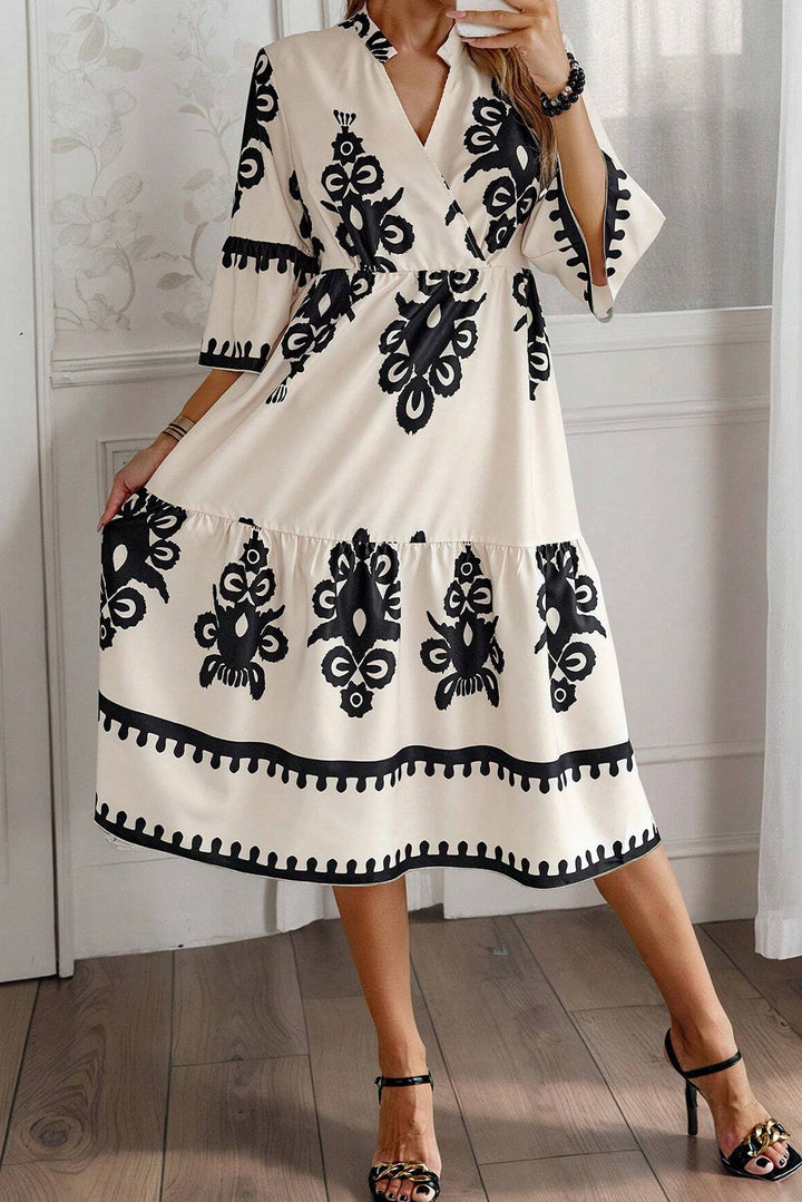 Black Western Geometric Print 3/4 Sleeve Loose Midi Dress