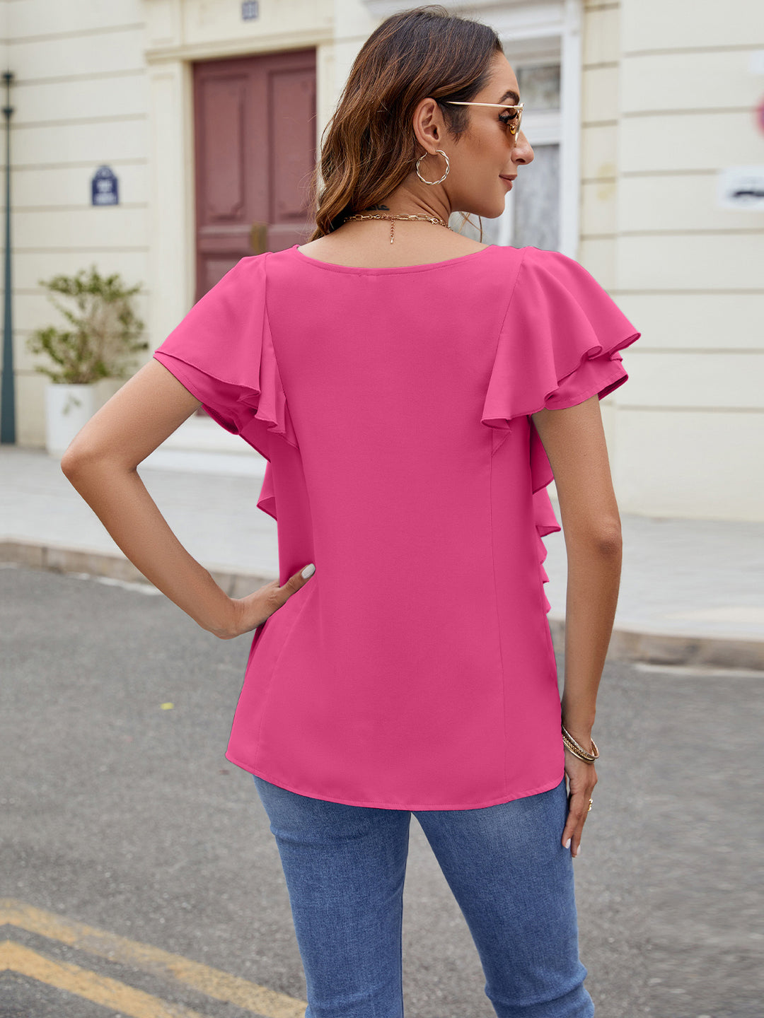 Ruffled V-Neck Short Sleeve Top