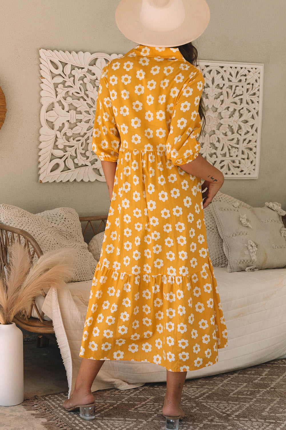 Yellow Flower Print Bracelet Sleeve Buttons Collared Maxi Dress