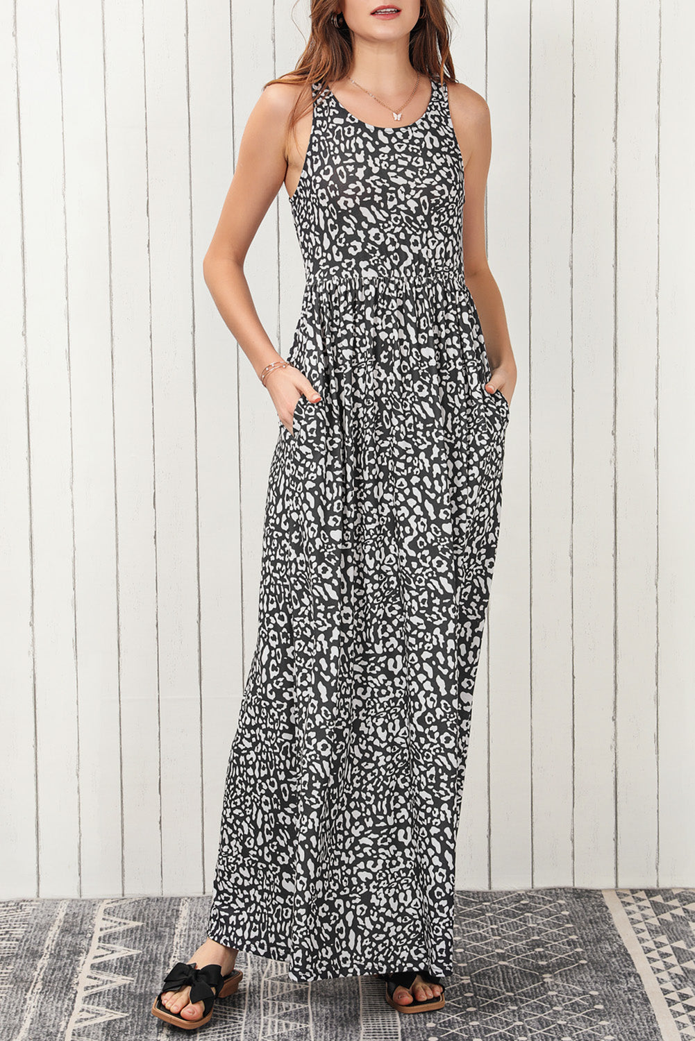 Pink Leopard Print Pocketed Sleeveless Maxi Dress