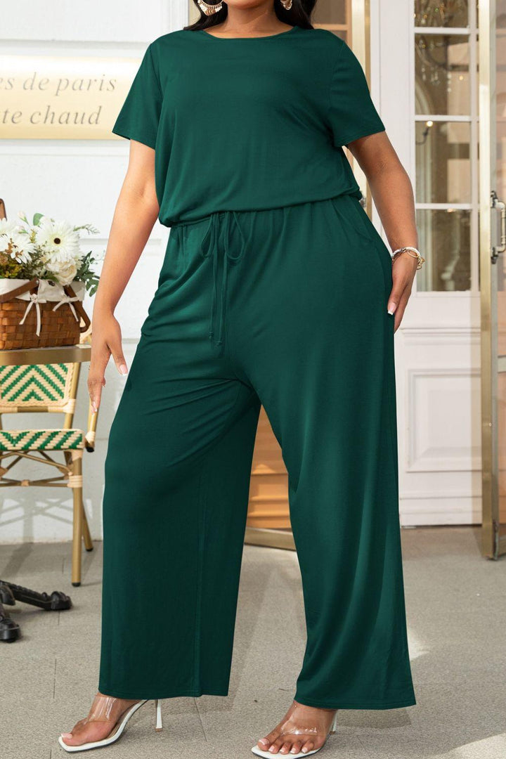 Plus Size Drawstring Waist Short Sleeve Jumpsuit - BELLATRENDZ