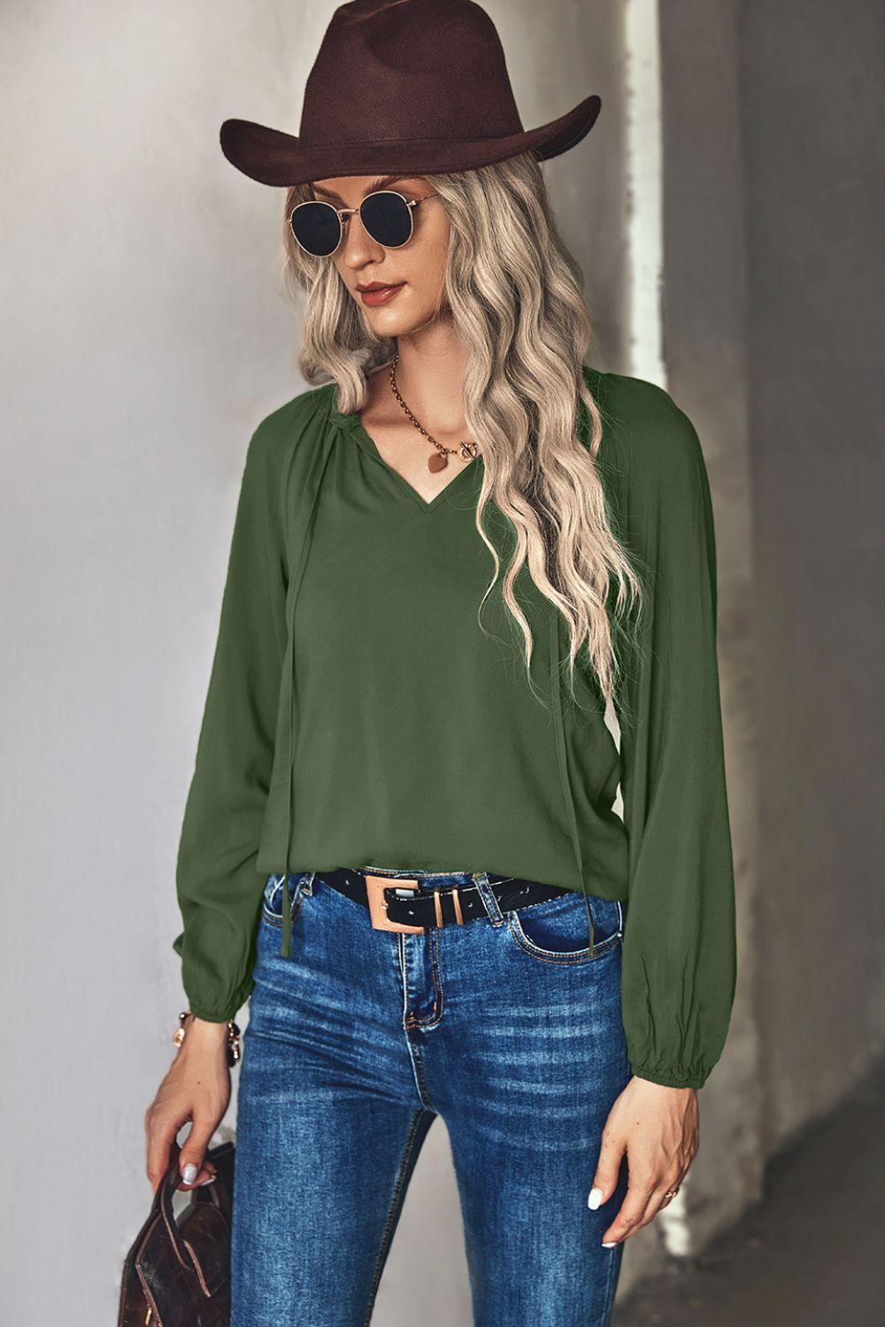 Gathered Detail Tie-Neck Blouse - BELLATRENDZ