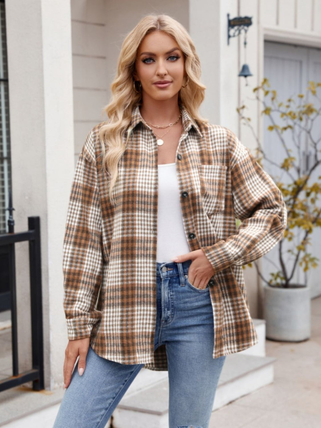 Pocketed Plaid Collared Neck Long Sleeve Shirt