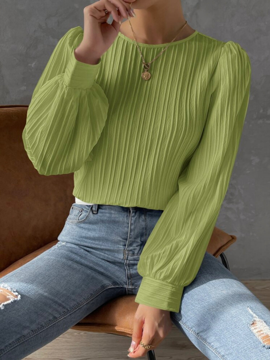 Textured Round Neck Long Sleeve Blouse