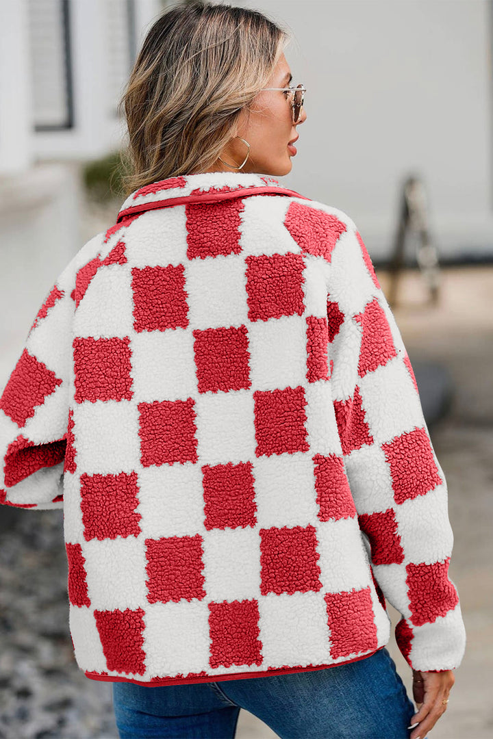 Checkered Snap Down Long Sleeve Teddy Jacket