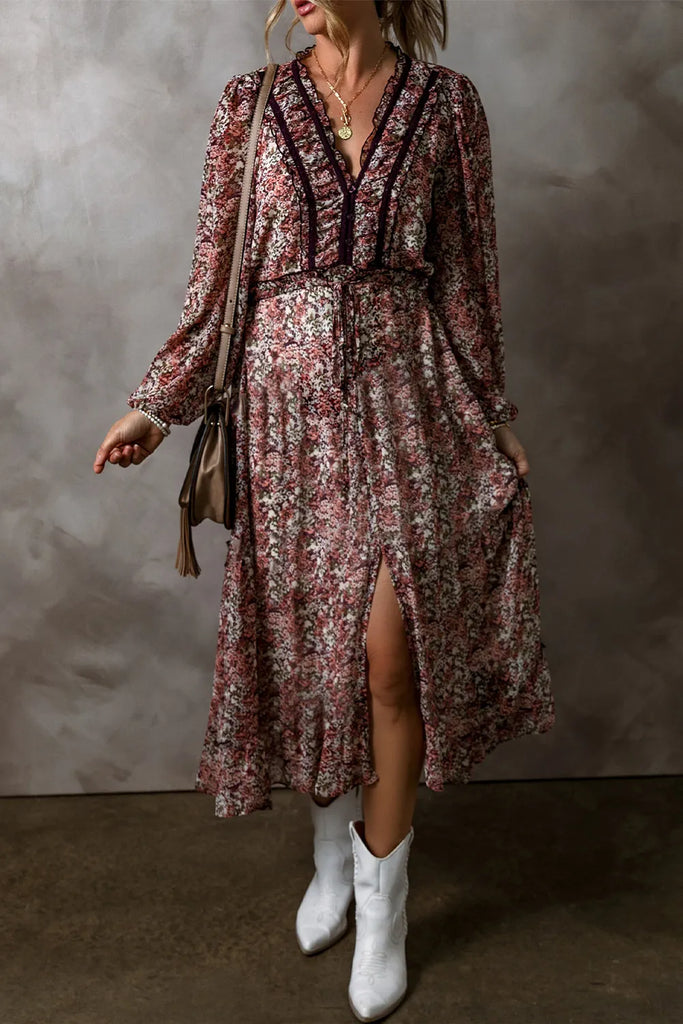 Frill Printed V-Neck Long Sleeve Midi Dress