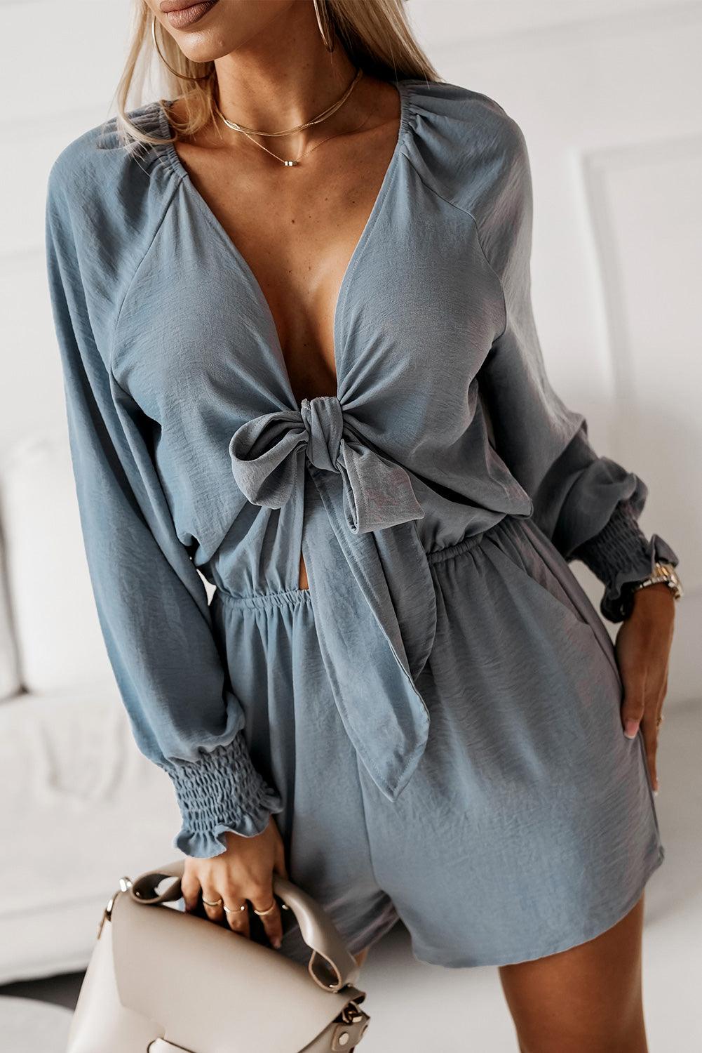 Tied Flounce Sleeve Plunge Romper - BELLATRENDZ