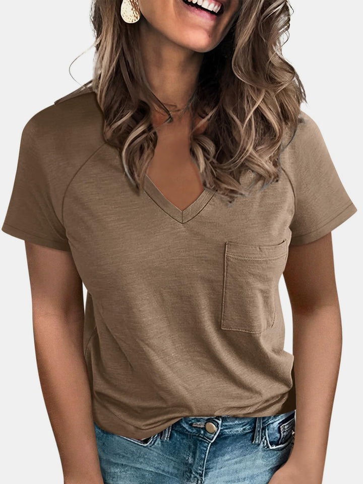 Pocketed V-Neck Short Sleeve T-Shirt
