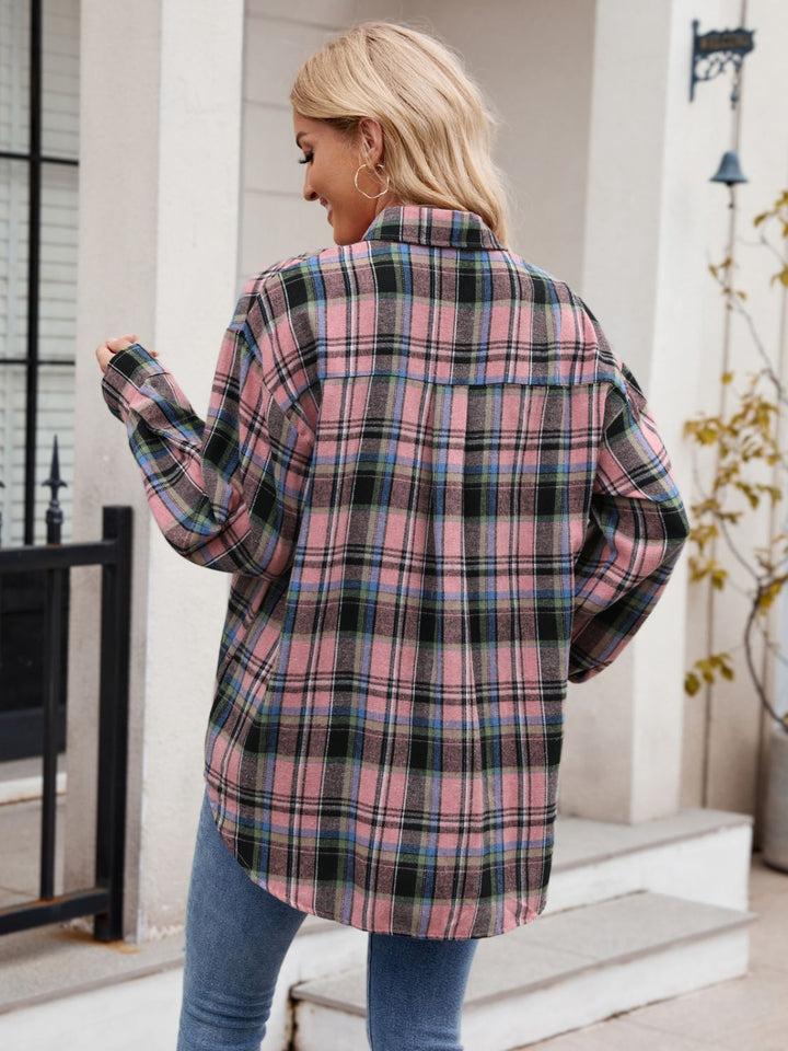 Pocketed Plaid Collared Neck Long Sleeve Shirt