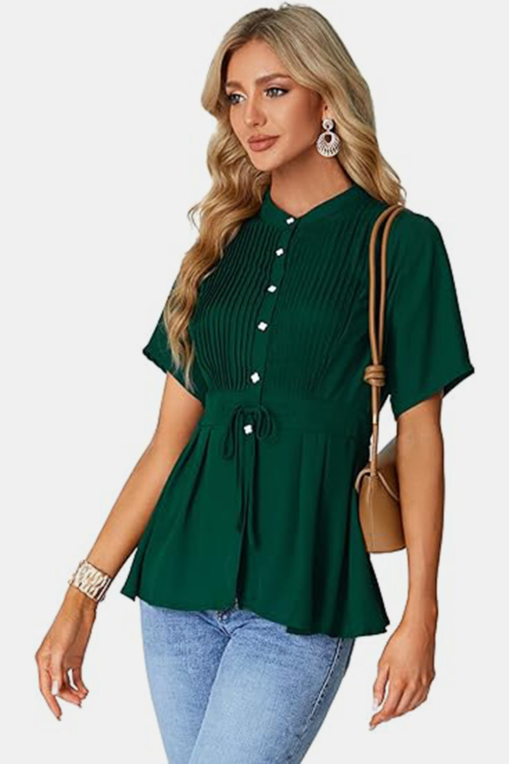 Tied Round Neck Short Sleeve Blouse