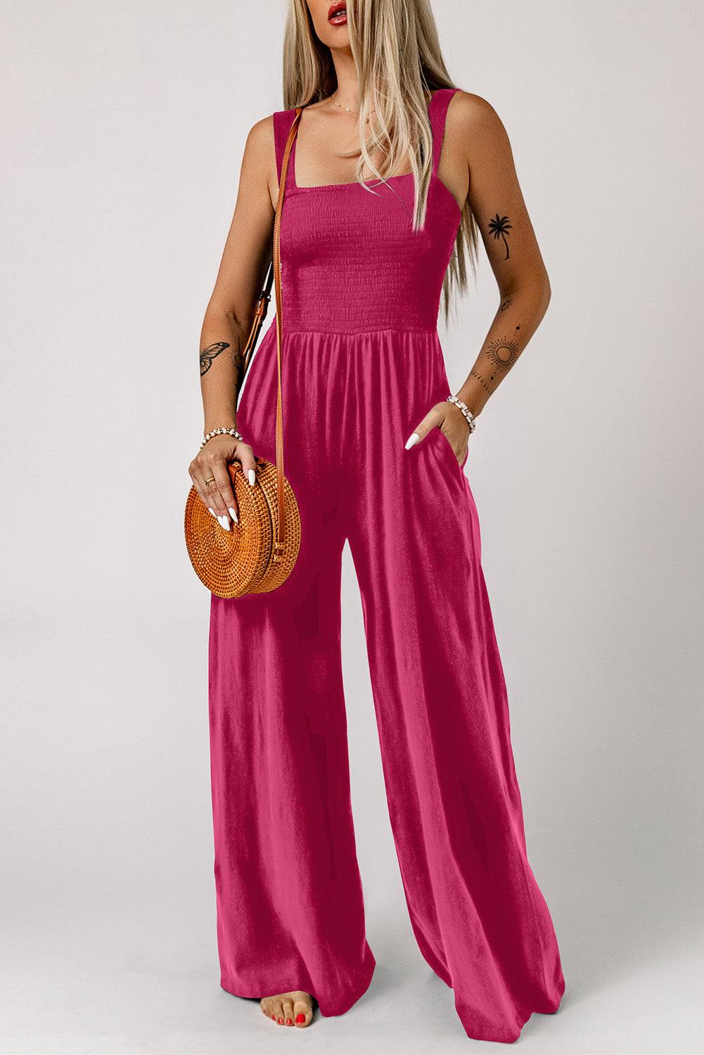 Smocked Square Neck Wide Leg Jumpsuit with Pockets - BELLATRENDZ