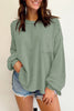 Waffle-Knit Exposed Seam Lantern Sleeve Blouse