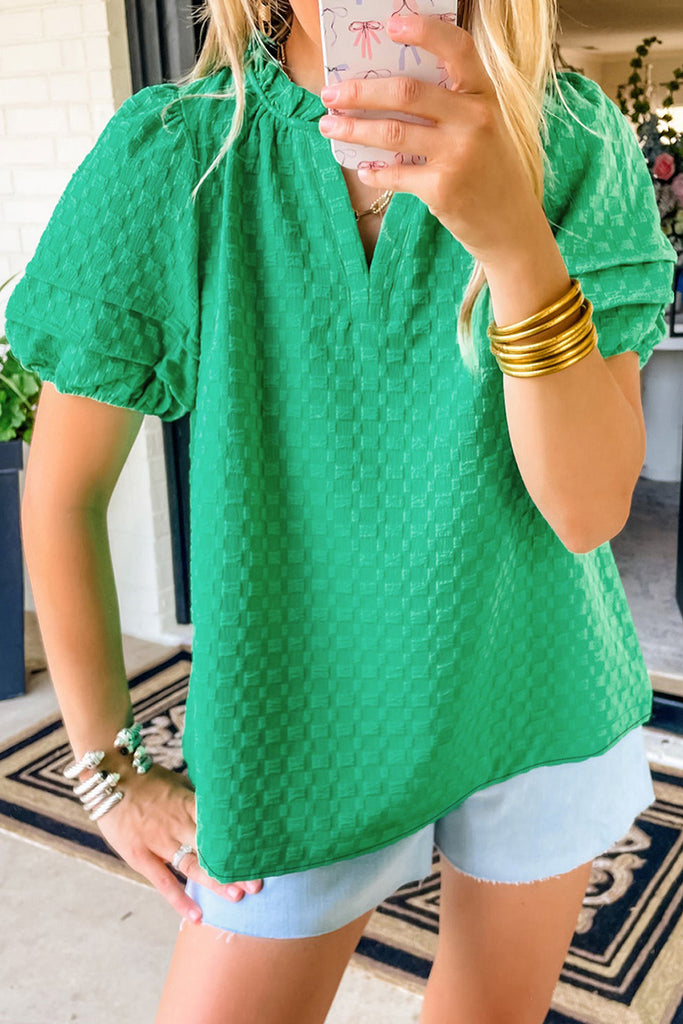 Bright Green Textured Puff Short Sleeve Notched V Neck Top