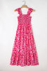 Pink Leopard Ruffle Straps Smocked High Waist Long Dress