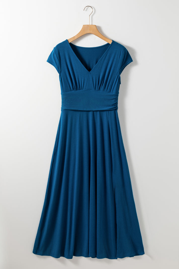 Peacock Blue Short Sleeve Shirred High Waist V Neck Maxi Dress