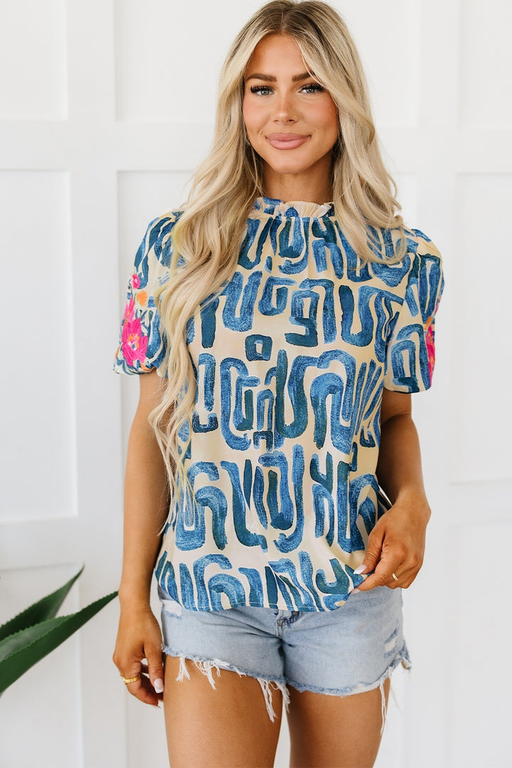 Embroidered Printed Mock Neck Short Sleeve Blouse