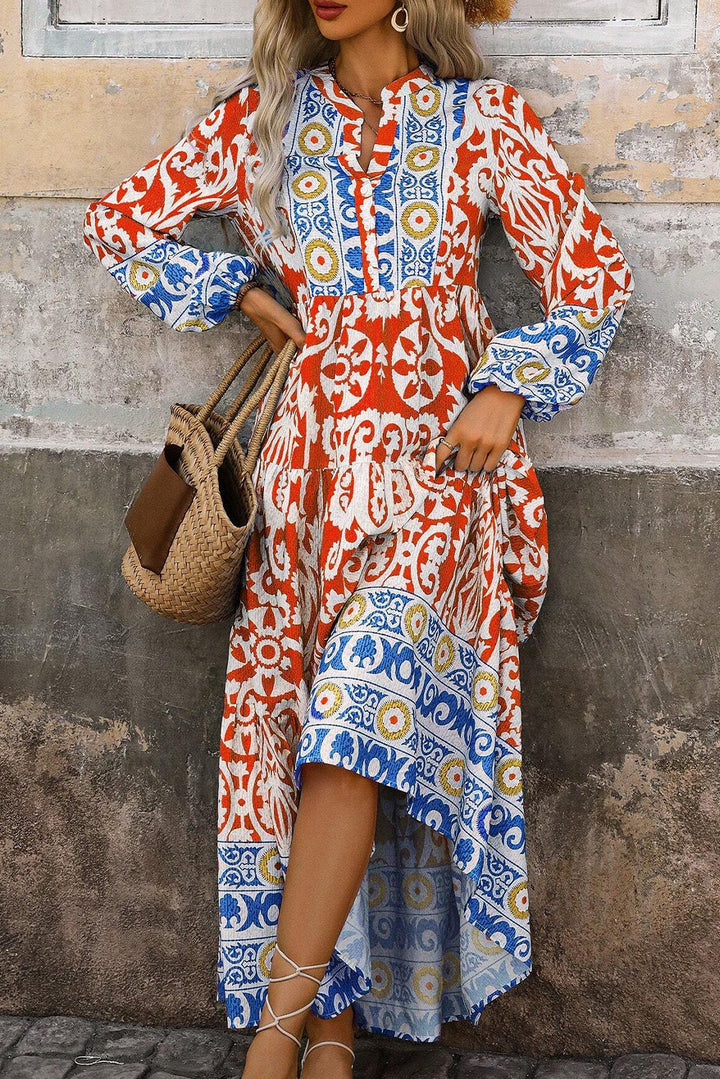 Orange Boho Geometric Printed Long Sleeve Maxi Dress