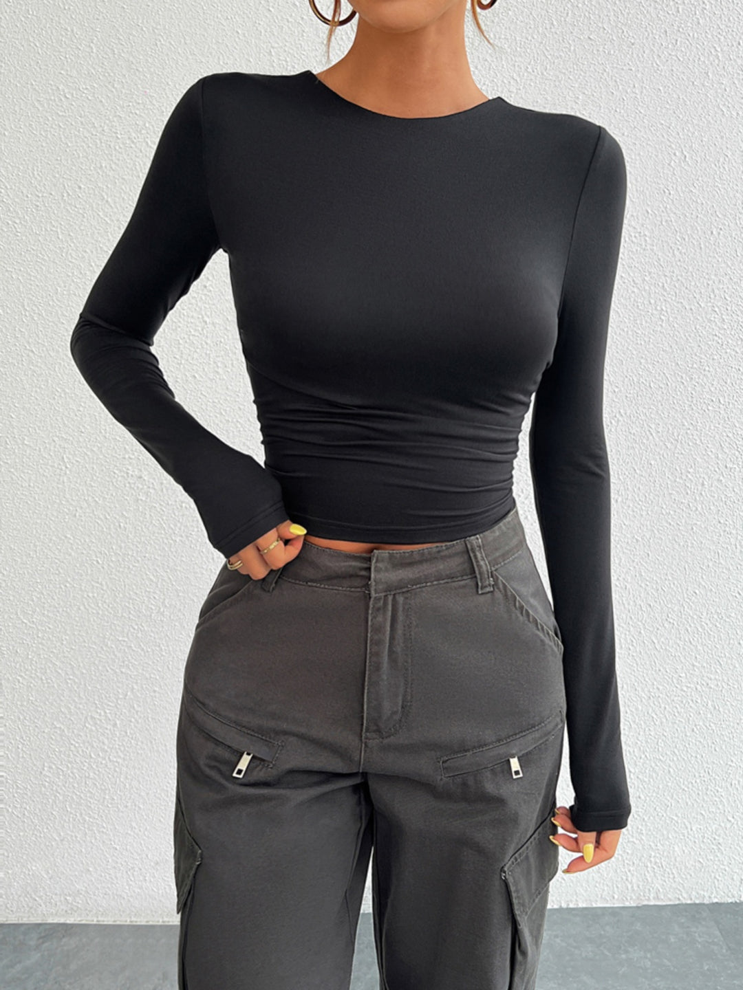 Backless Round Neck Long Sleeve T-Shirt