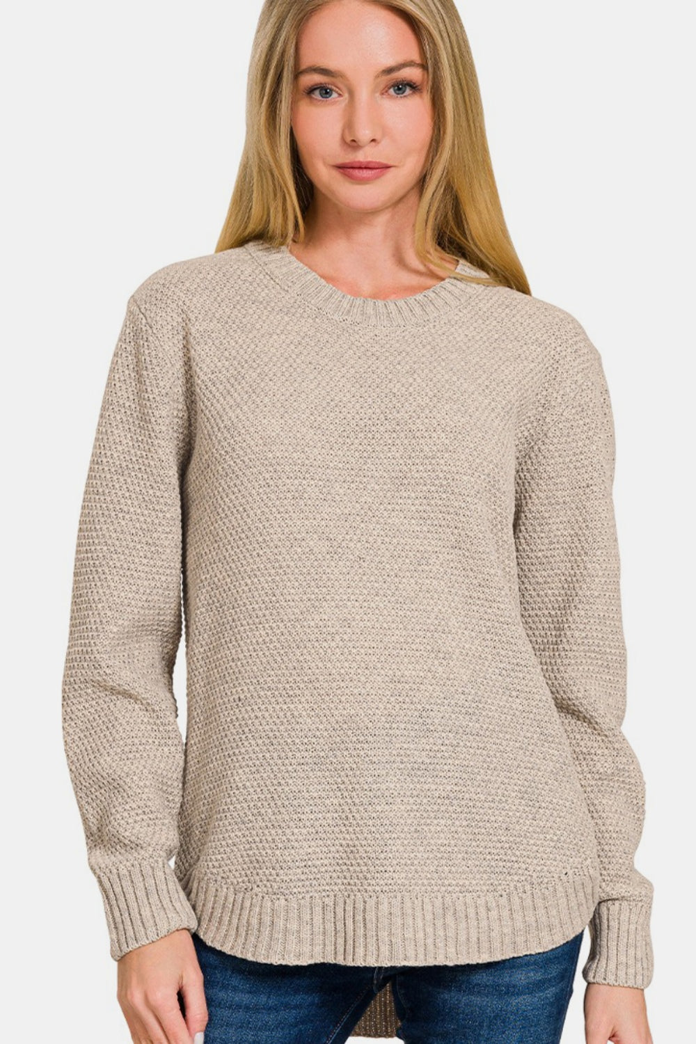 Zenana Ful Size Round Neck Long Sleeve Curved Hem Sweater