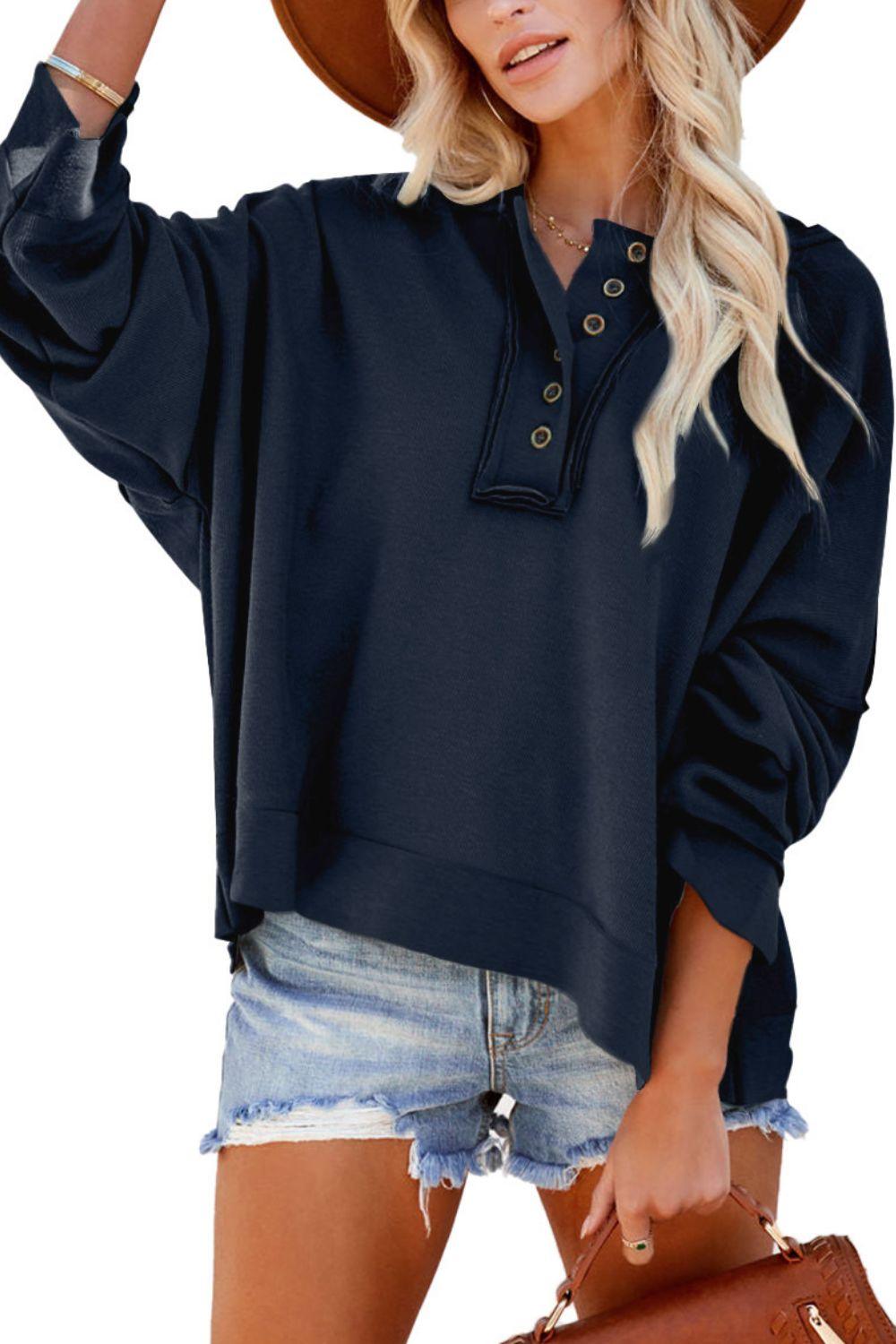 Quarter-Button Exposed Seam Dropped Shoulder Hoodie - BELLATRENDZ