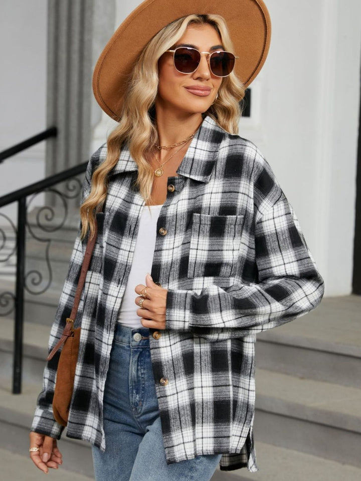 Plaid Collared Neck Long Sleeve Shirt