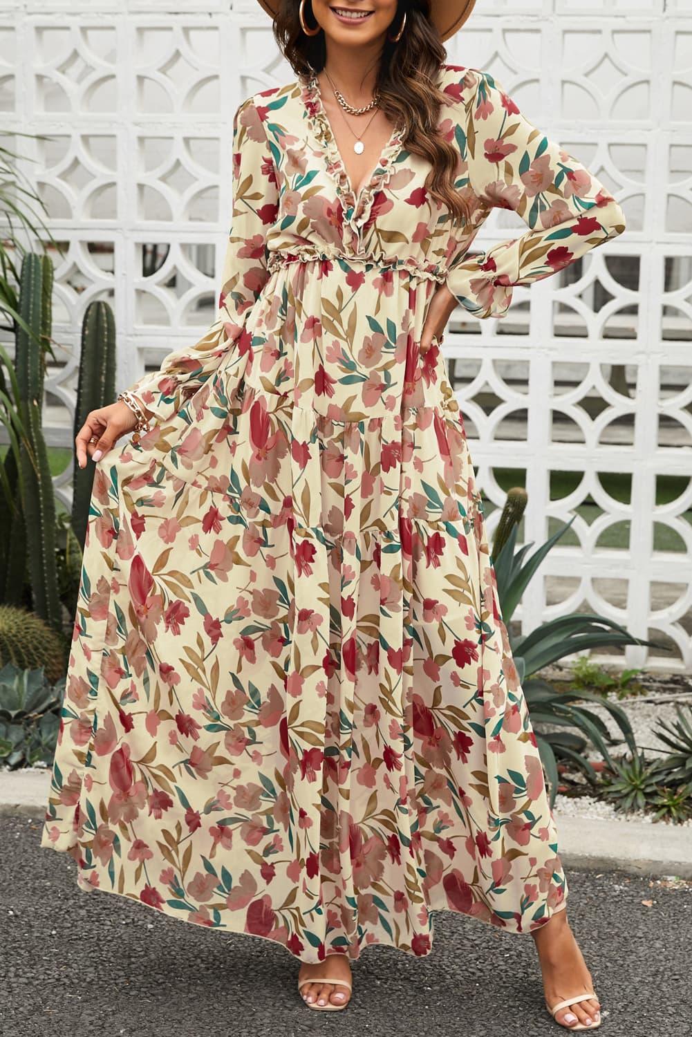 Floral Frill Trim Flounce Sleeve Plunge Maxi Dress - BELLATRENDZ