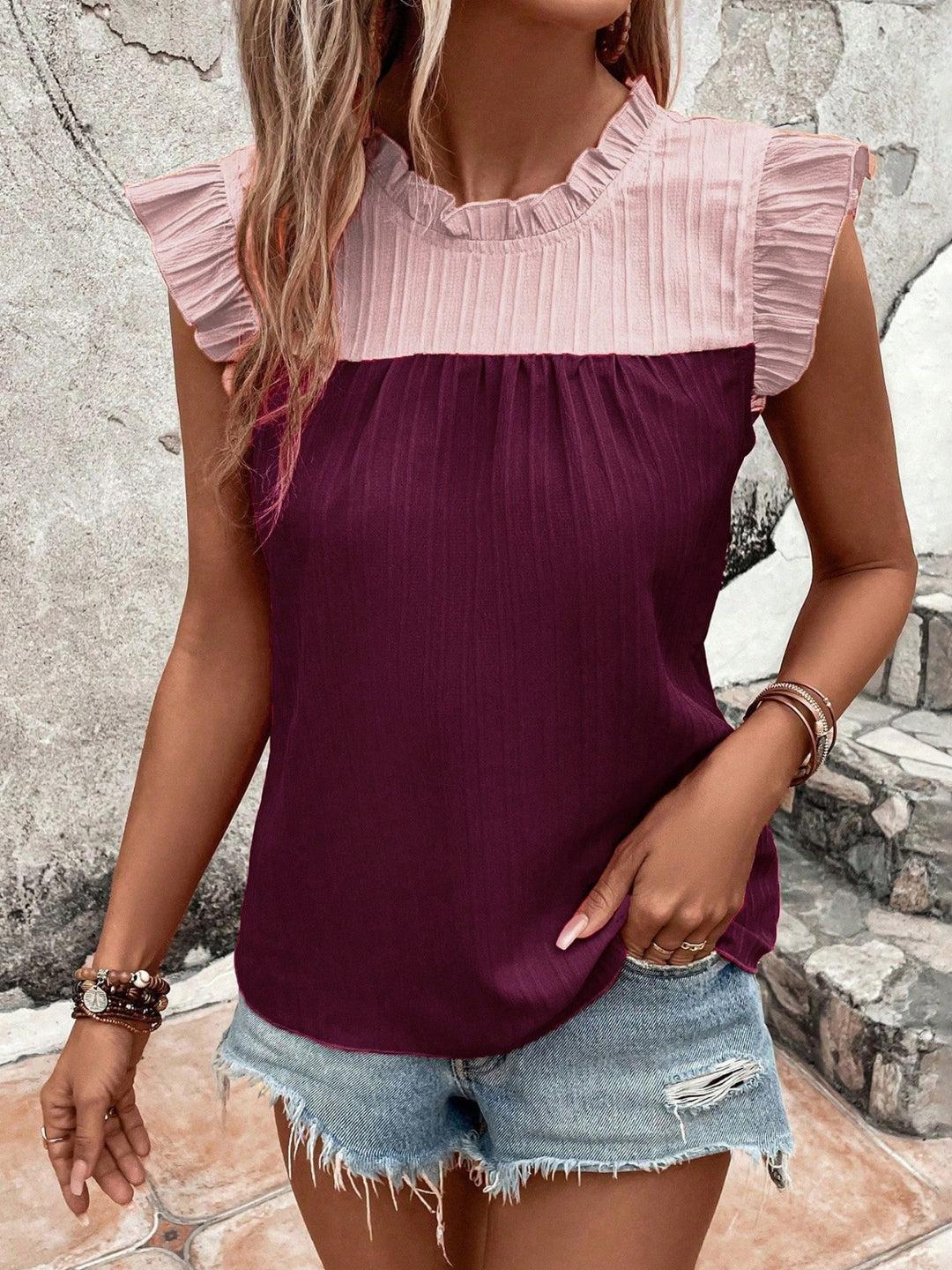 Frill Contrast Round Neck Cap Sleeve Blouse