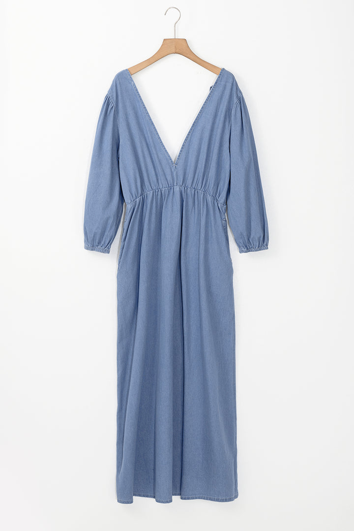 Myosotis Chambray Deep V Neck Bracelet Sleeve Maxi Dress