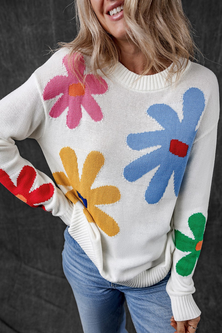 Flower Round Neck Dropped Shoulder Sweater