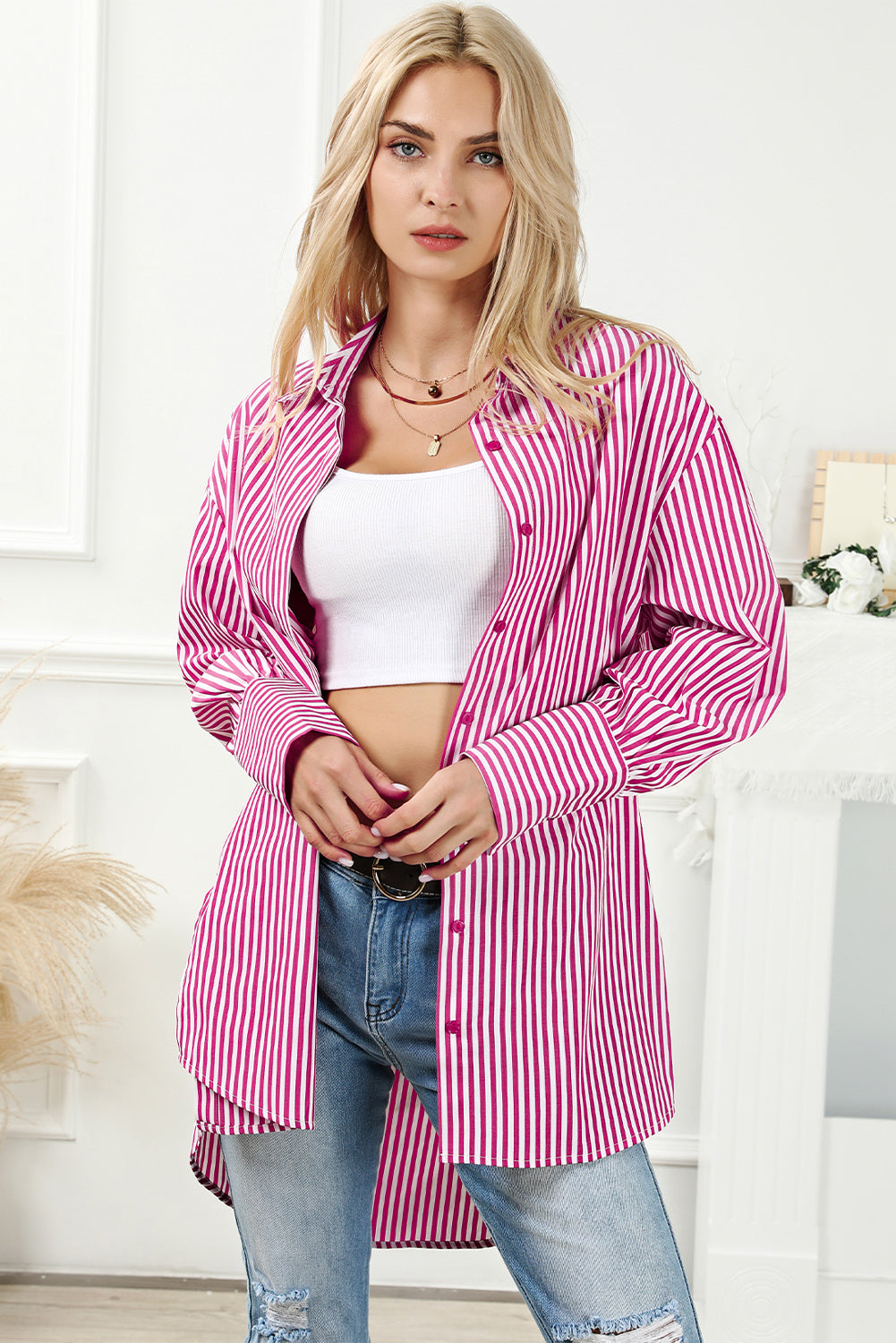 Striped Collared Neck Long Sleeve Shirt