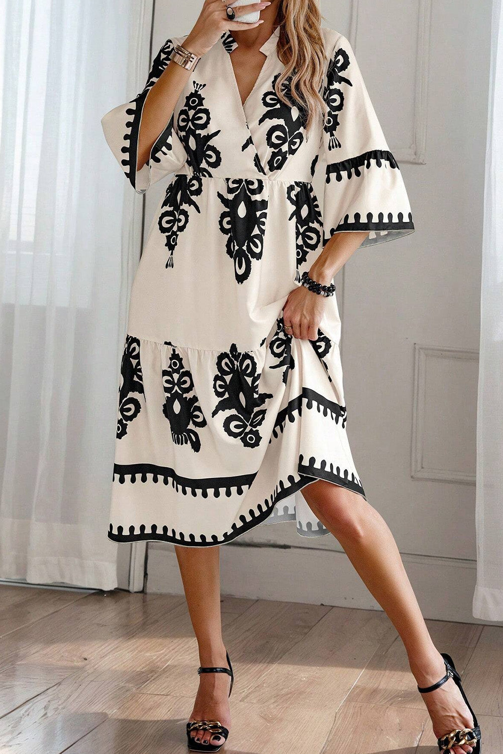 Black Western Geometric Print 3/4 Sleeve Loose Midi Dress