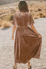 Chestnut Velvet Lacy V Neckline Short Sleeve Empire Waist Flowy Maxi Dress