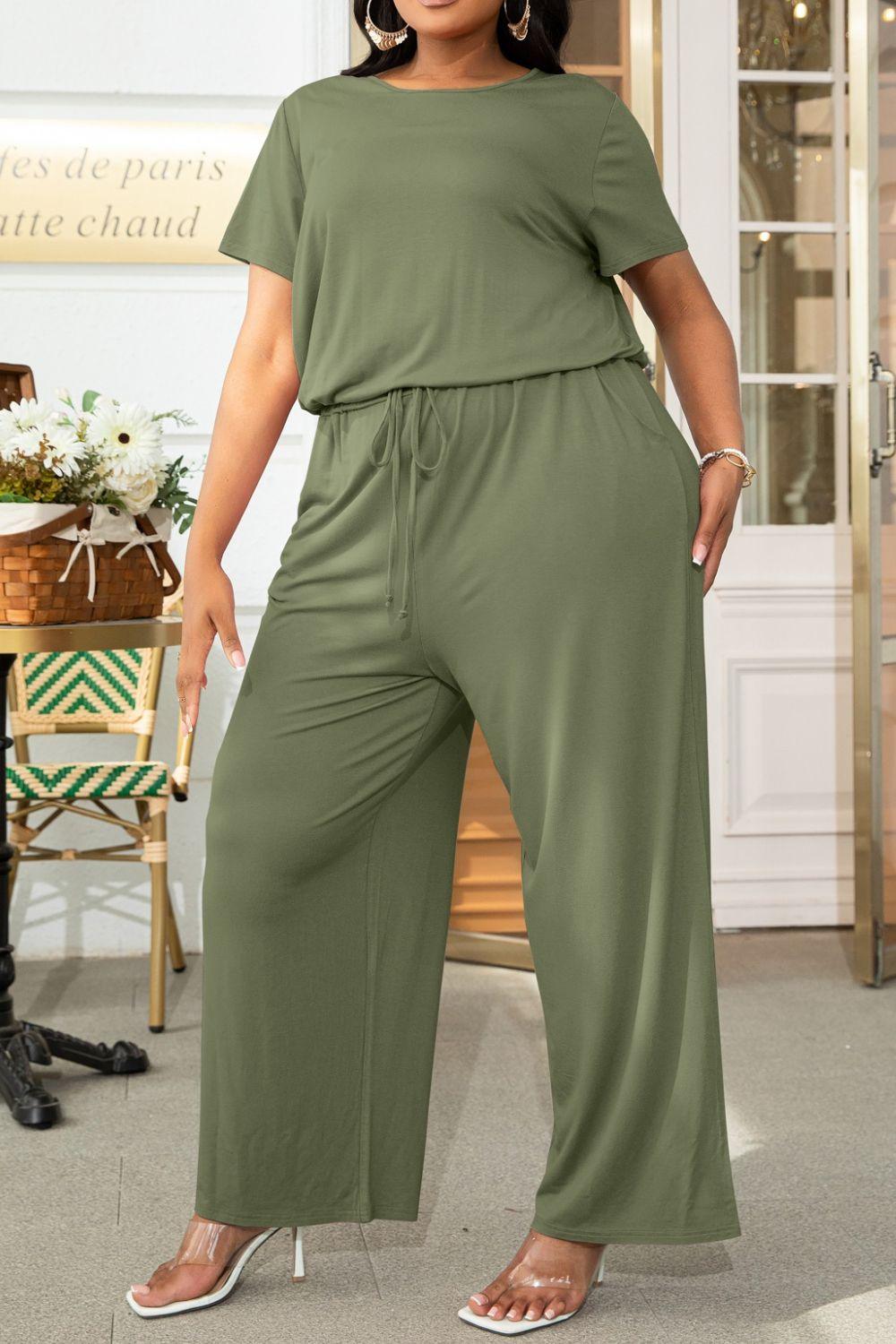 Plus Size Drawstring Waist Short Sleeve Jumpsuit - BELLATRENDZ