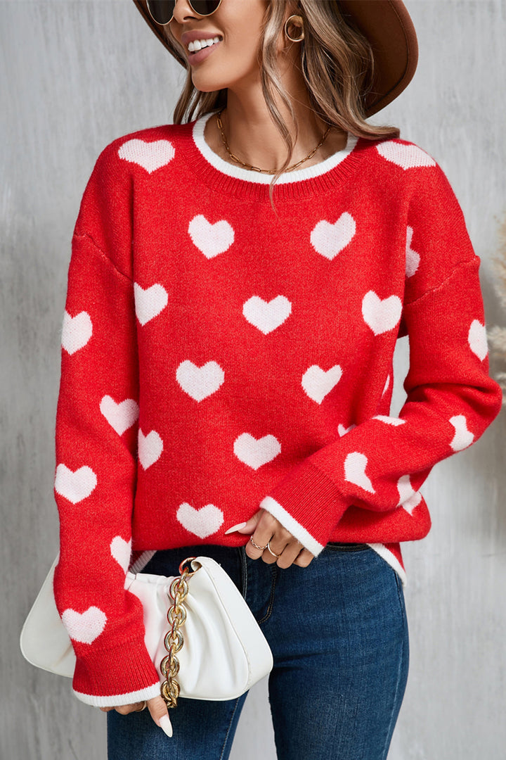 Angel Wings Contrast Trim Heart Round Neck Sweater