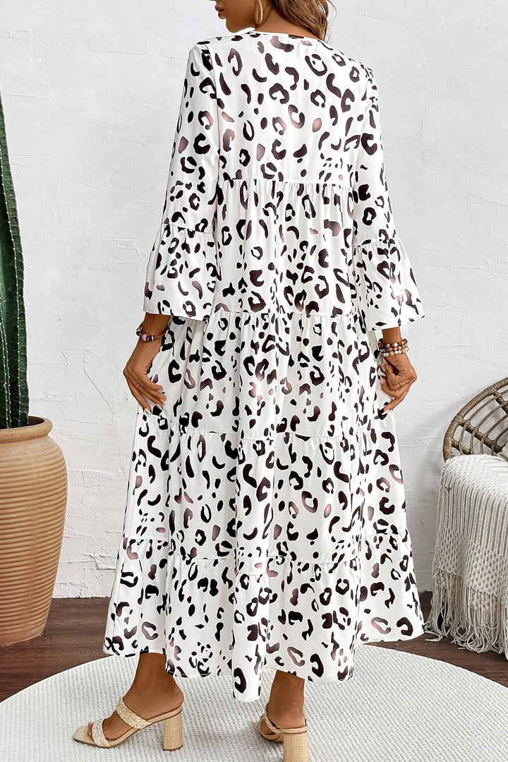 White Leopard Print Notch V Neck Loose Fit Maxi Dress