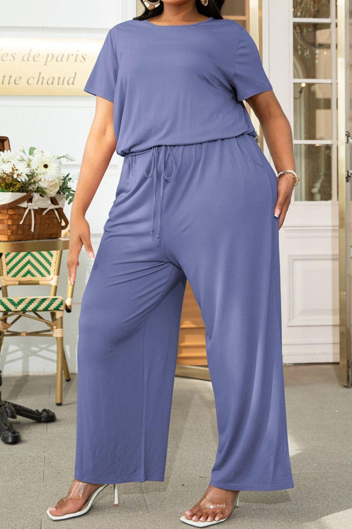 Plus Size Drawstring Waist Short Sleeve Jumpsuit - BELLATRENDZ