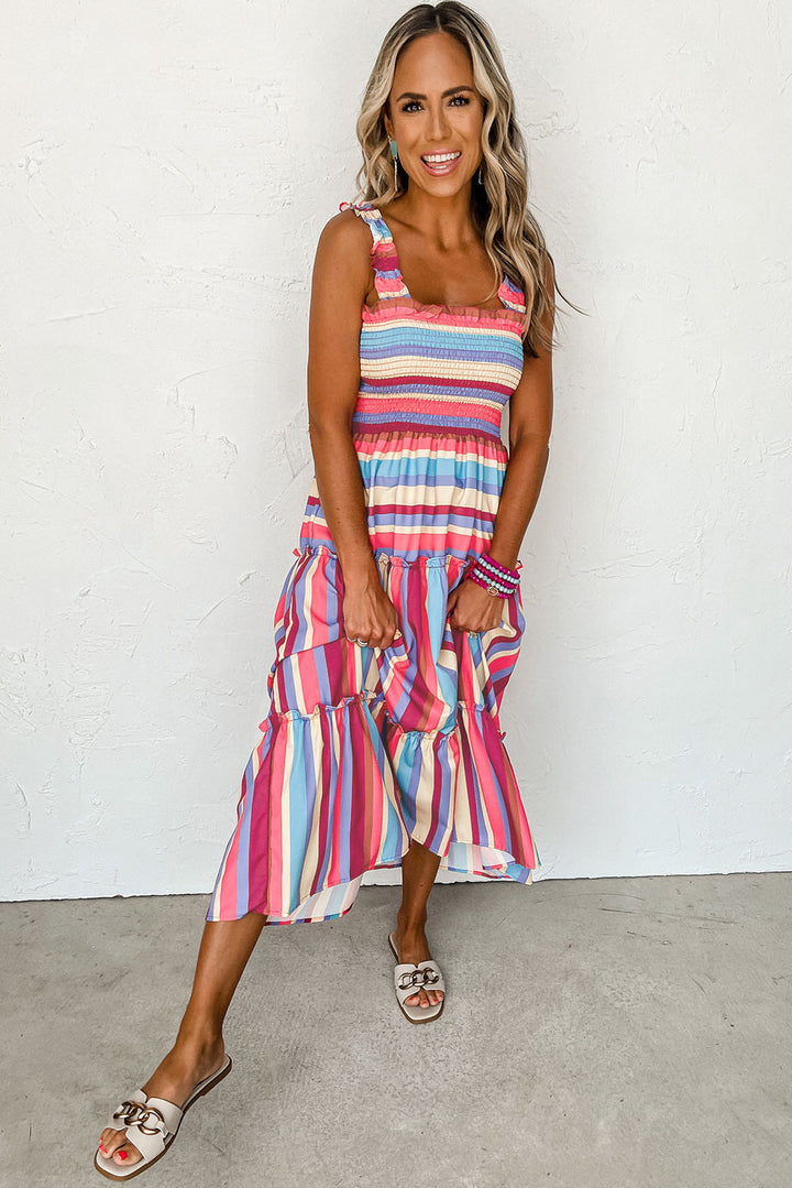 Red Stripe Ruffled Straps Smocked Tiered Long Dress