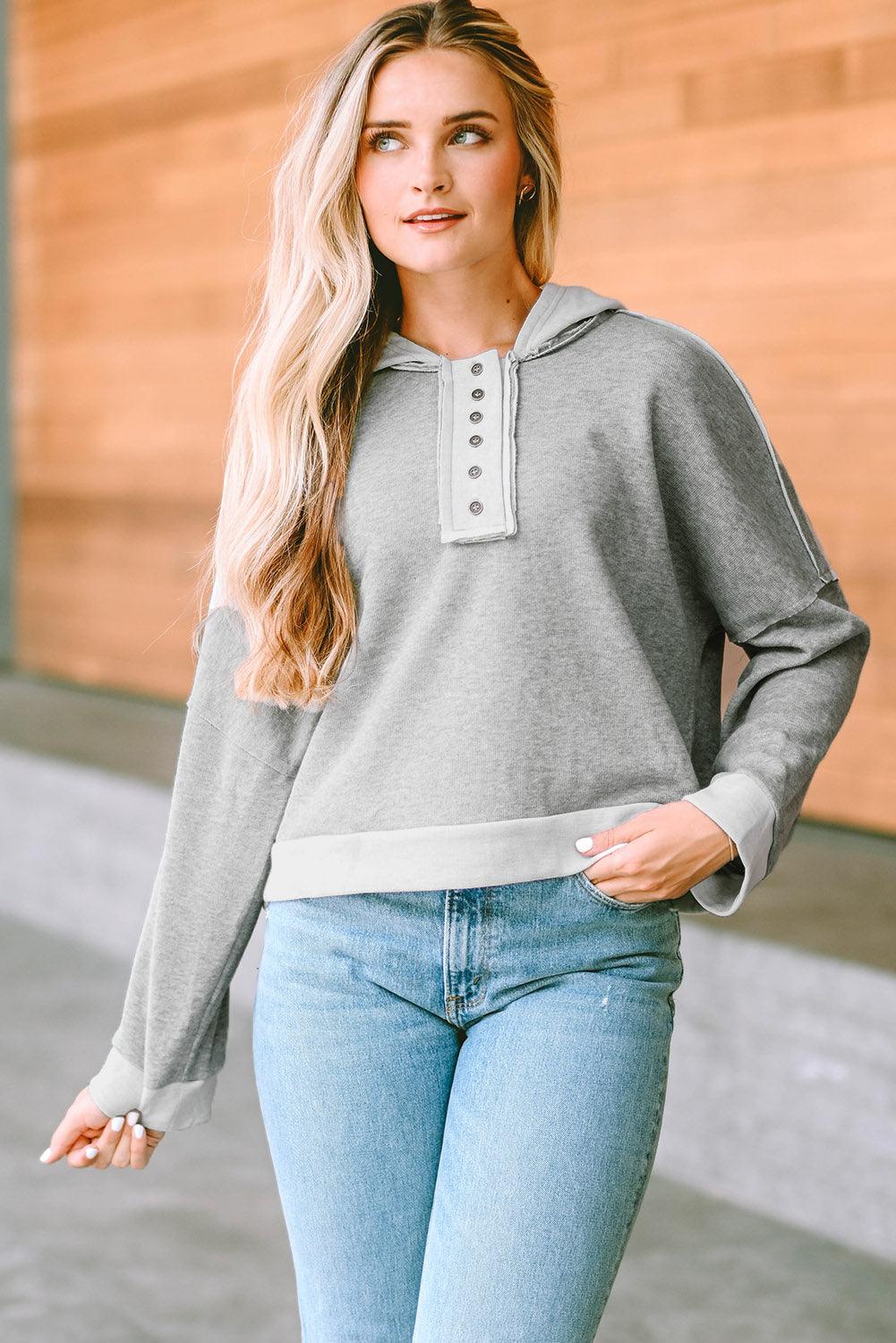 Quarter-Button Exposed Seam Dropped Shoulder Hoodie - BELLATRENDZ