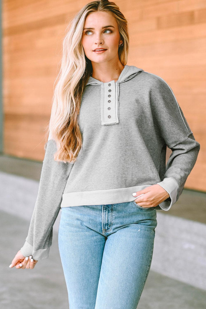 Quarter-Button Exposed Seam Dropped Shoulder Hoodie - BELLATRENDZ